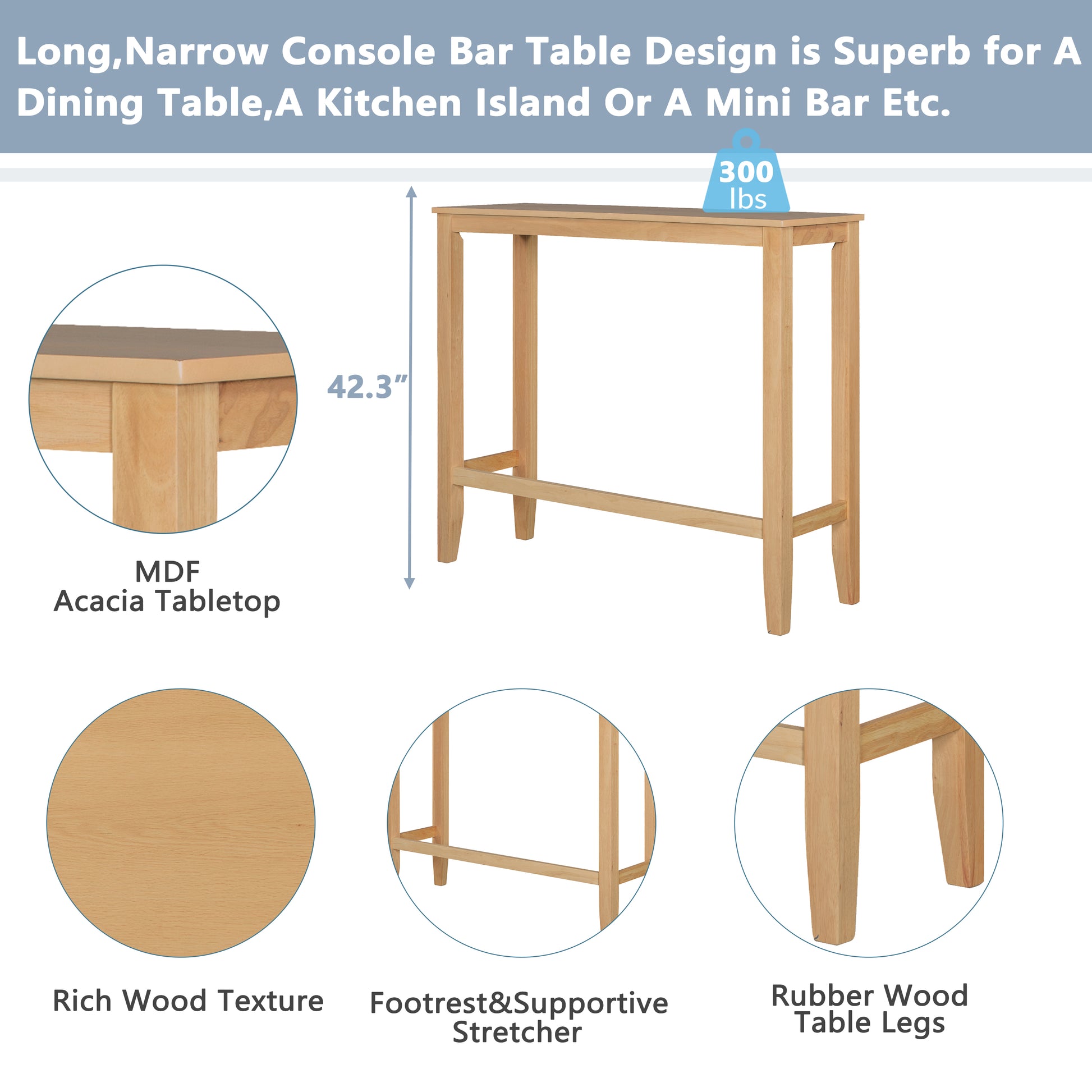 Acacia Wood Rectangular Dining Table Set with 2 Chairs