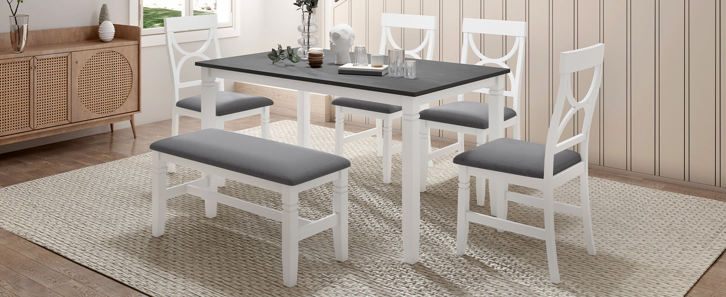Farmhouse Dining Set with Bench, 4 Chairs, Solid Wood Table