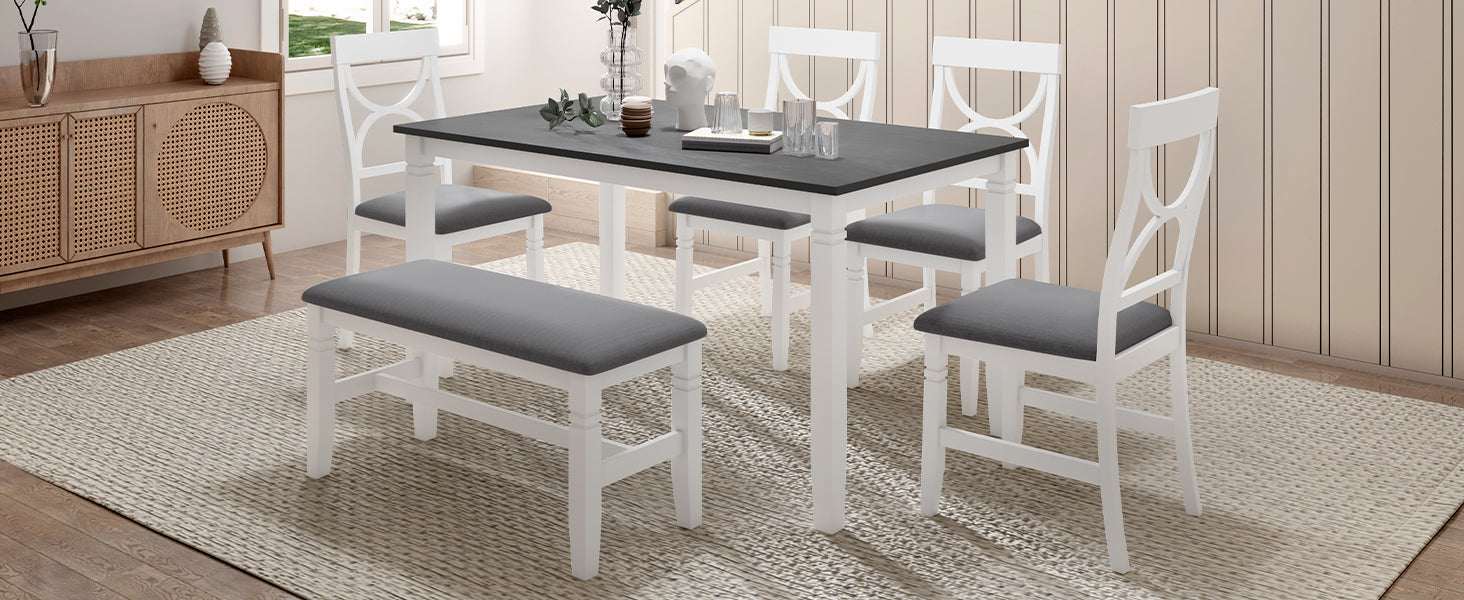 Farmhouse Dining Set with Bench, 4 Chairs, Solid Wood Table