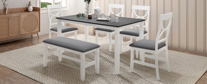 Farmhouse Dining Set with Bench, 4 Chairs, Solid Wood Table