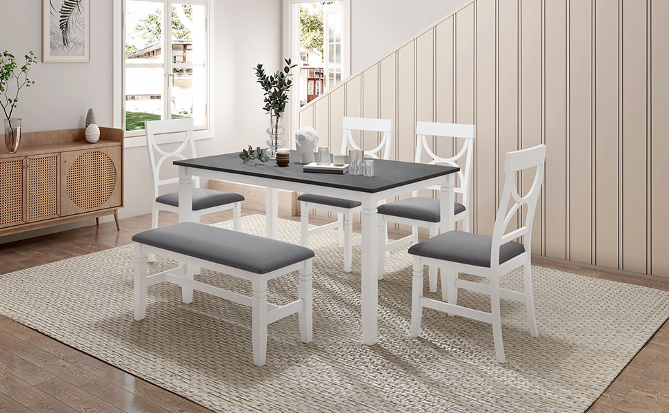 Farmhouse Dining Set with Bench, 4 Chairs, Solid Wood Table