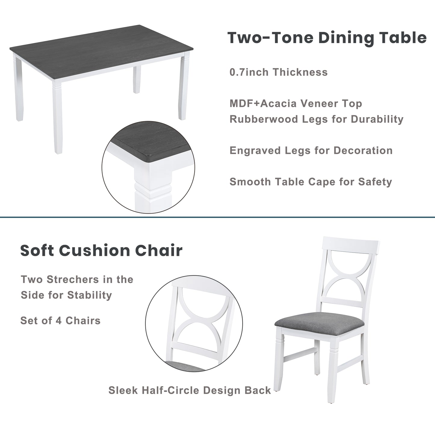 Farmhouse Dining Set with Bench, 4 Chairs, Solid Wood Table