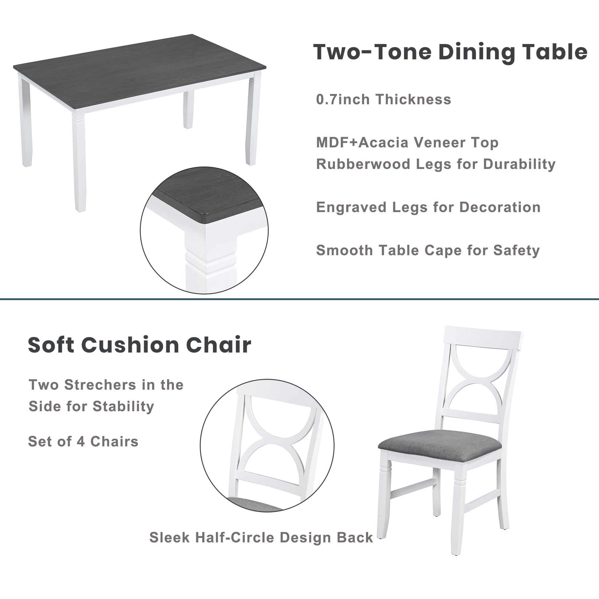 Farmhouse Dining Set with Bench, 4 Chairs, Solid Wood Table