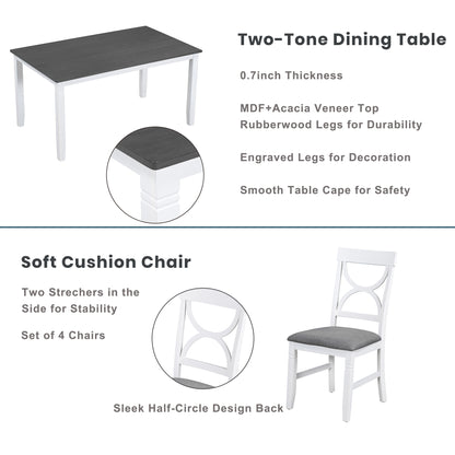 Farmhouse Dining Set with Bench, 4 Chairs, Solid Wood Table