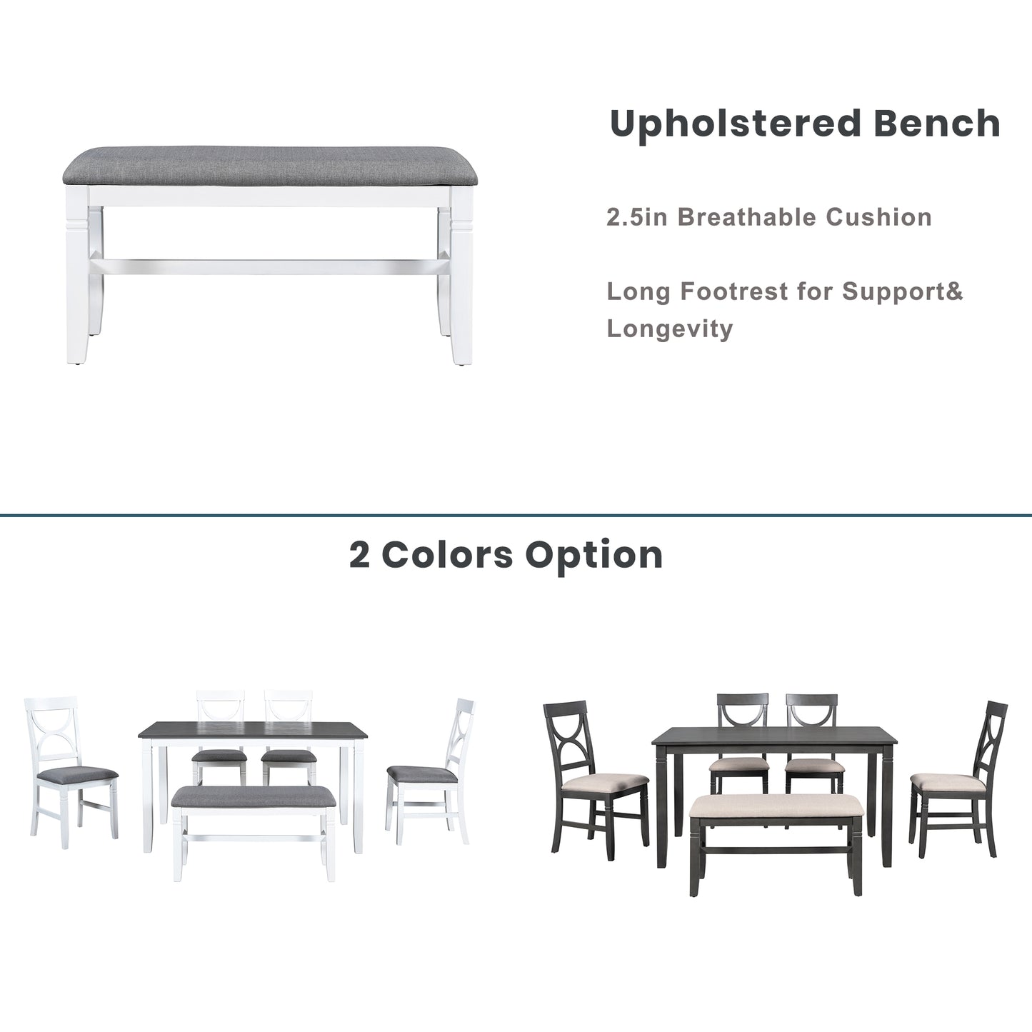 Farmhouse Dining Set with Bench, 4 Chairs, Solid Wood Table