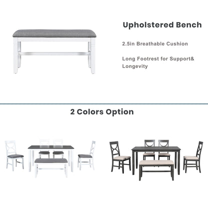 Farmhouse Dining Set with Bench, 4 Chairs, Solid Wood Table