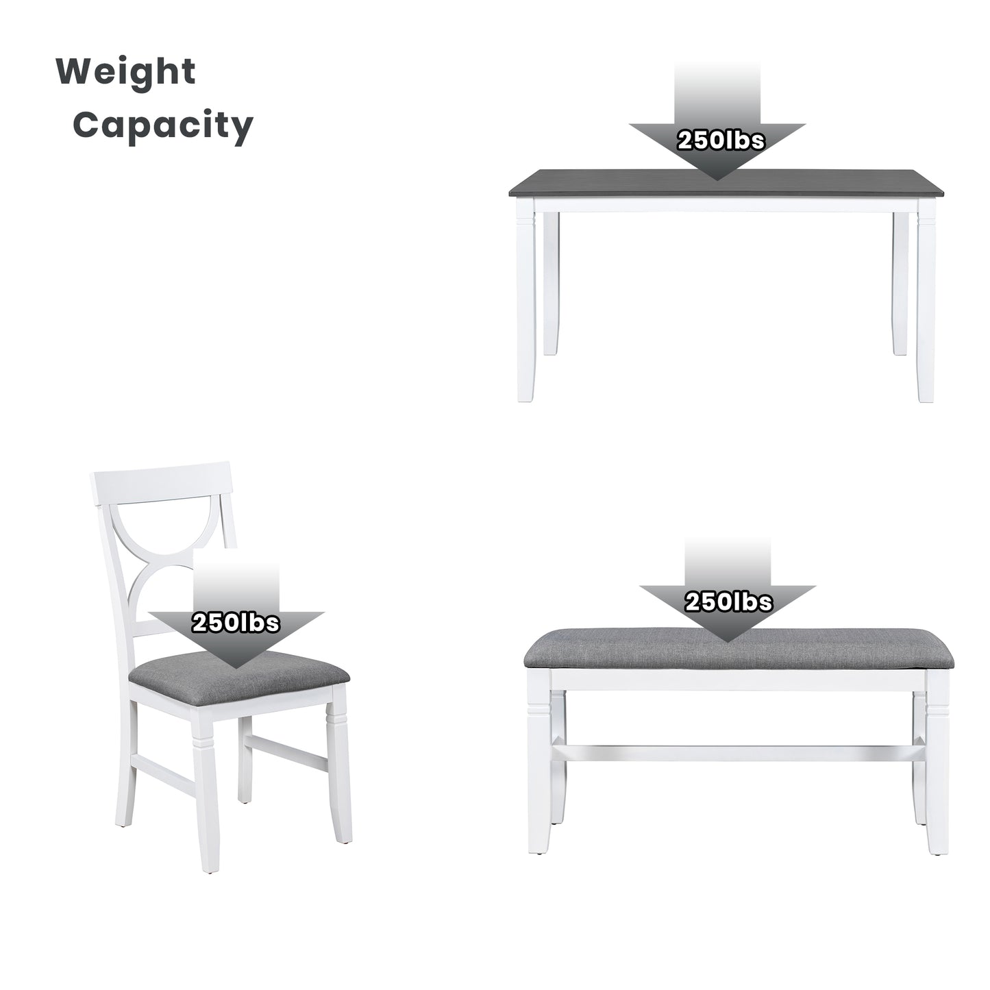 Farmhouse Dining Set with Bench, 4 Chairs, Solid Wood Table