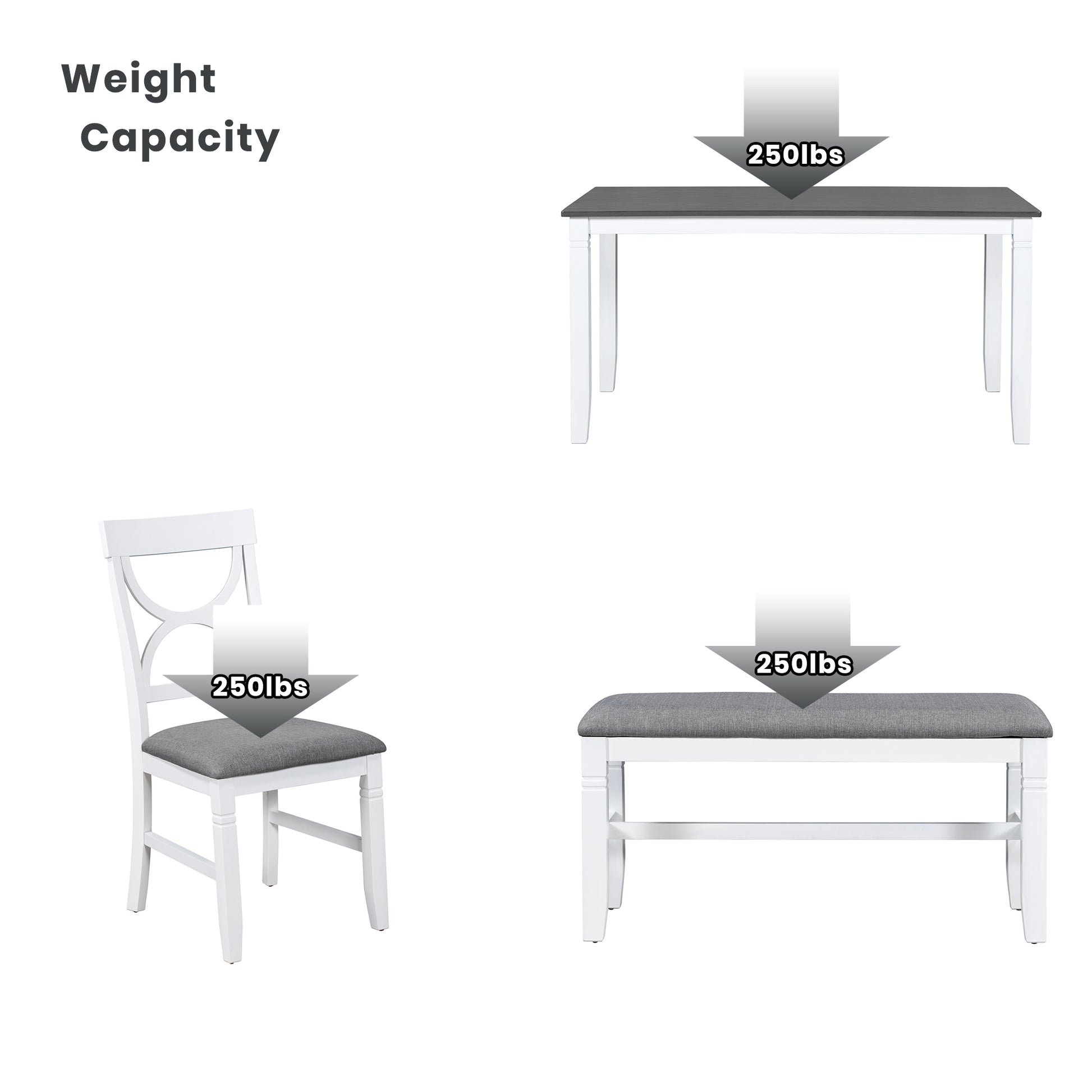 Farmhouse Dining Set with Bench, 4 Chairs, Solid Wood Table