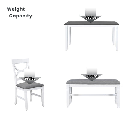 Farmhouse Dining Set with Bench, 4 Chairs, Solid Wood Table