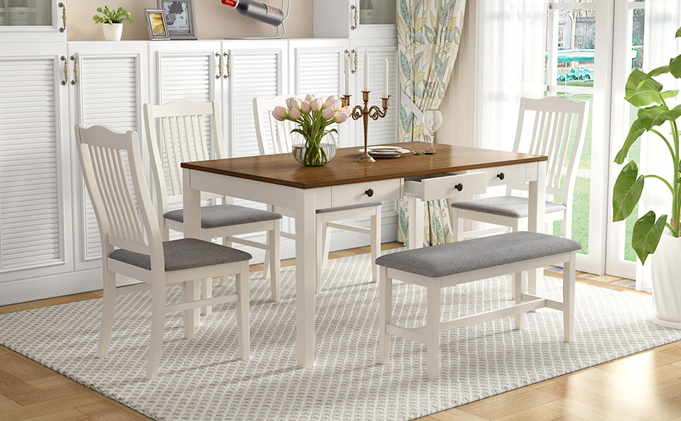 White Rubberwood Dining Table Set - 6 Piece with Bench & Chairs for Dining Room