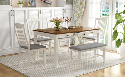 White Rubberwood Dining Table Set - 6 Piece with Bench & Chairs for Dining Room