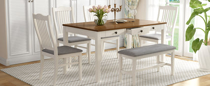 White Rubberwood Dining Table Set - 6 Piece with Bench & Chairs for Dining Room