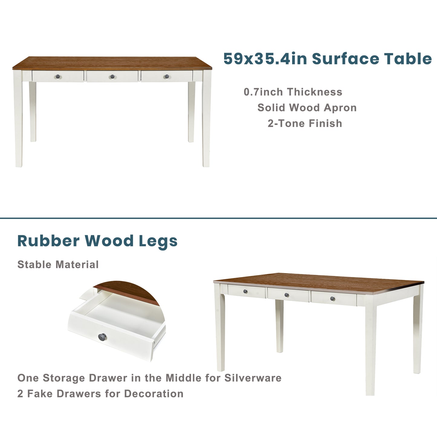 White Rubberwood Dining Table Set - 6 Piece with Bench & Chairs for Dining Room