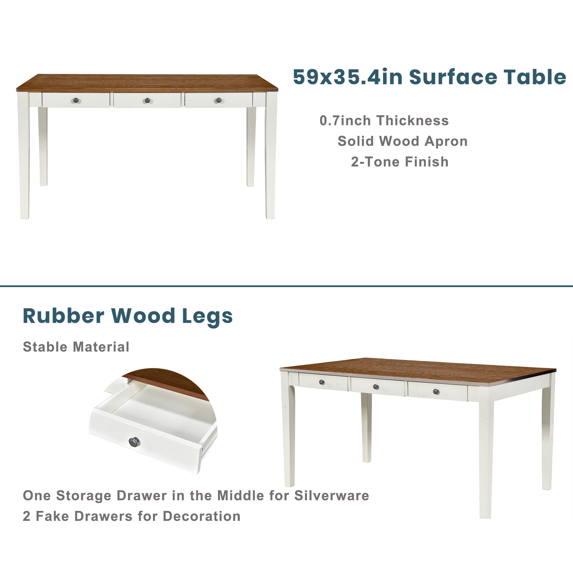 White Rubberwood Dining Table Set - 6 Piece with Bench & Chairs for Dining Room