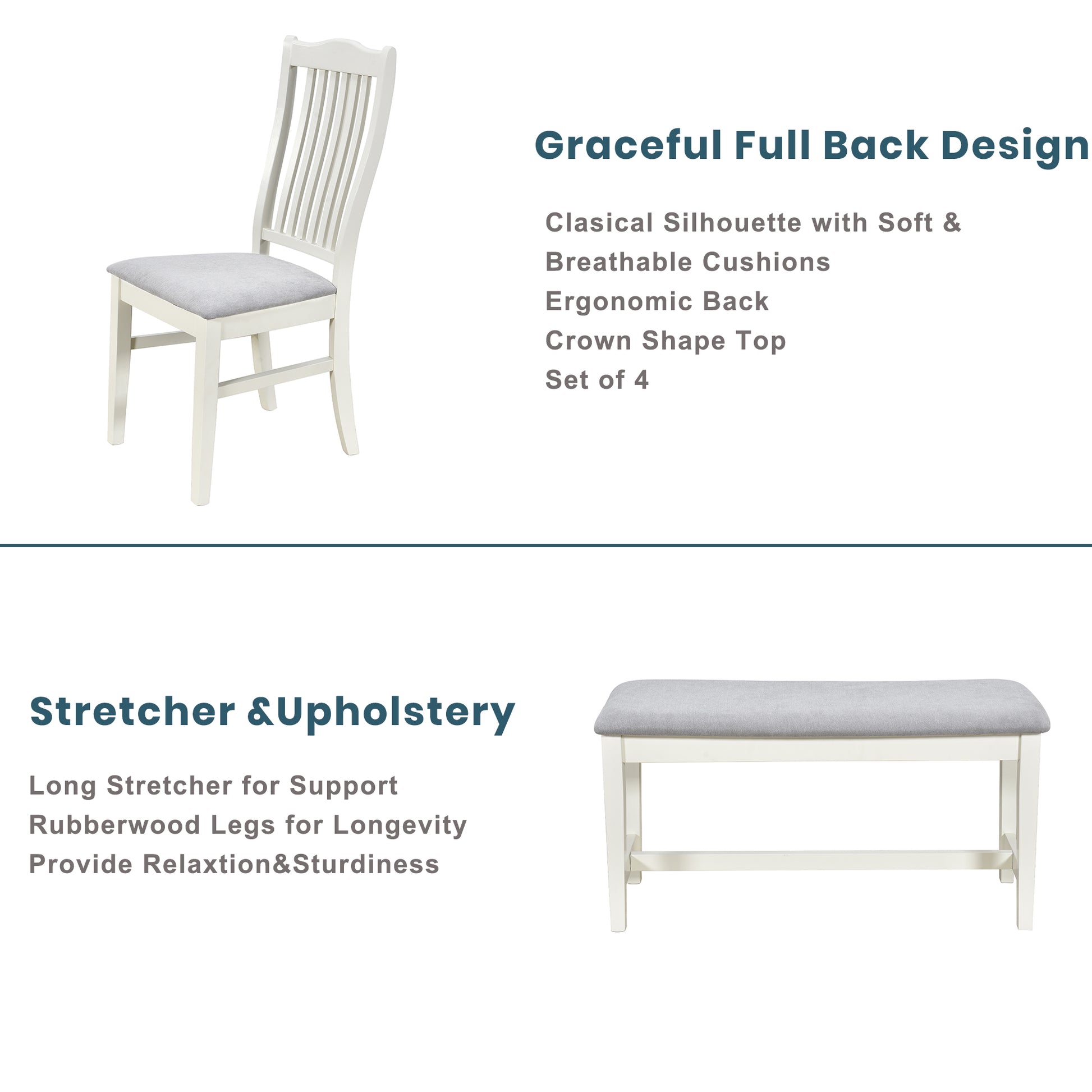 White Rubberwood Dining Table Set - 6 Piece with Bench & Chairs for Dining Room