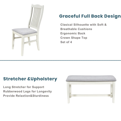 White Rubberwood Dining Table Set - 6 Piece with Bench & Chairs for Dining Room