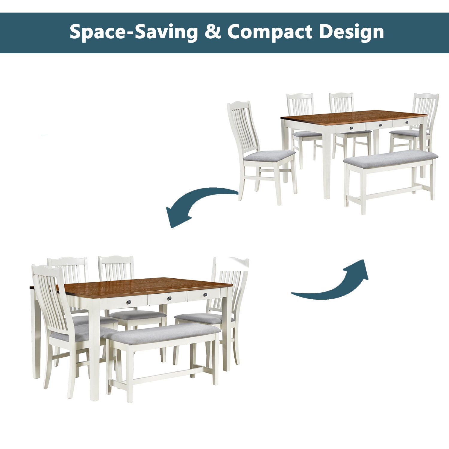 White Rubberwood Dining Table Set - 6 Piece with Bench & Chairs for Dining Room