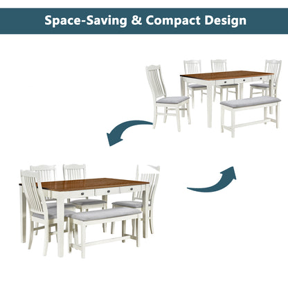 White Rubberwood Dining Table Set - 6 Piece with Bench & Chairs for Dining Room