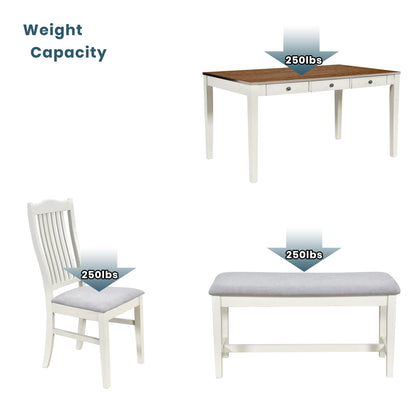 White Rubberwood Dining Table Set - 6 Piece with Bench & Chairs for Dining Room