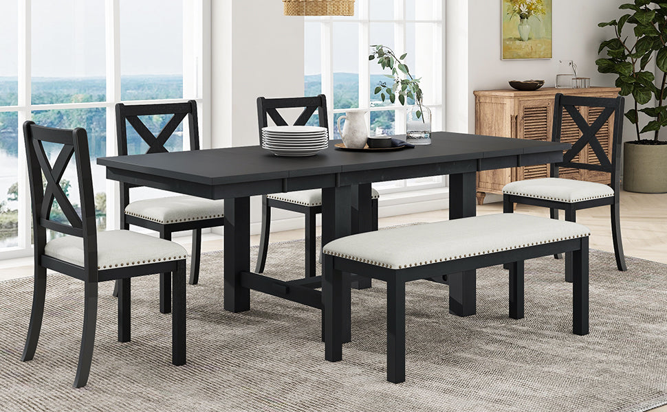 82 Inch Extendable Dining Table with 4 Chairs & Bench - Black Acacia Wood