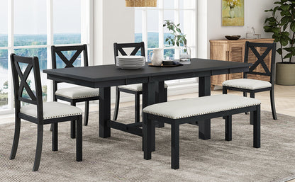 82 Inch Extendable Dining Table with 4 Chairs & Bench - Black Acacia Wood