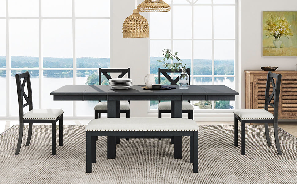 82 Inch Extendable Dining Table with 4 Chairs & Bench - Black Acacia Wood