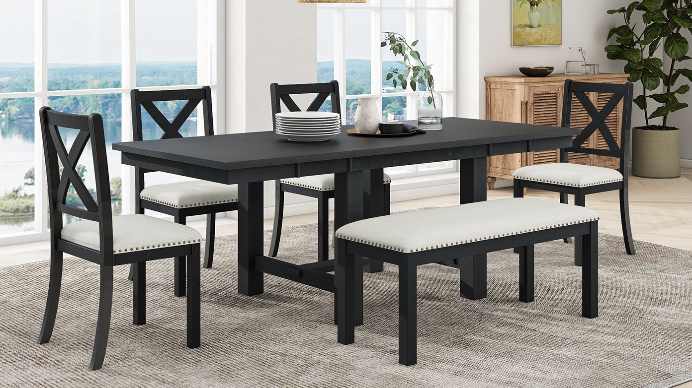 82 Inch Extendable Dining Table with 4 Chairs & Bench - Black Acacia Wood