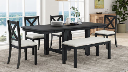 82 Inch Extendable Dining Table with 4 Chairs & Bench - Black Acacia Wood