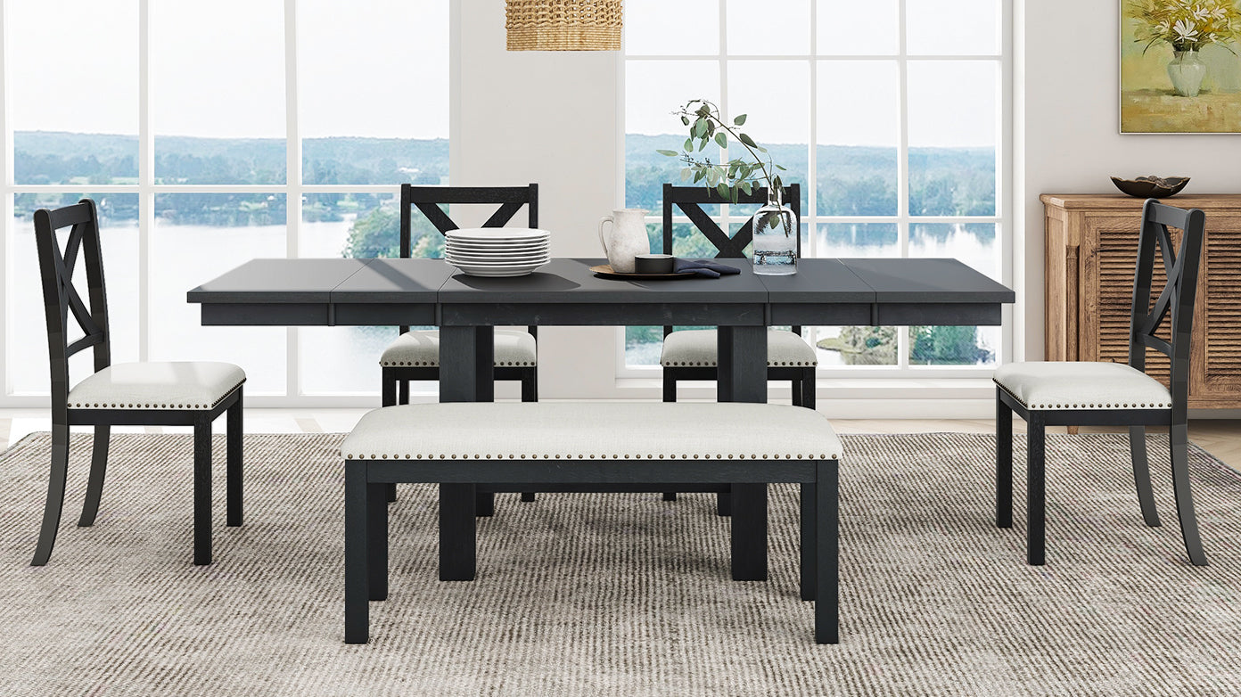 82 Inch Extendable Dining Table with 4 Chairs & Bench - Black Acacia Wood