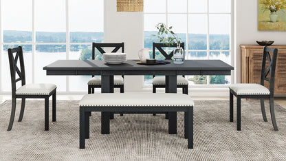 82 Inch Extendable Dining Table with 4 Chairs & Bench - Black Acacia Wood