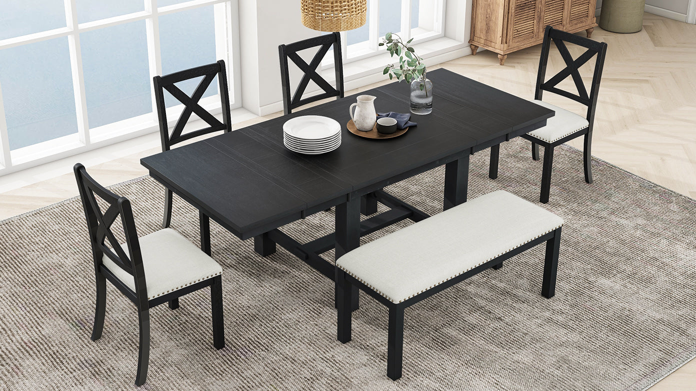 82 Inch Extendable Dining Table with 4 Chairs & Bench - Black Acacia Wood