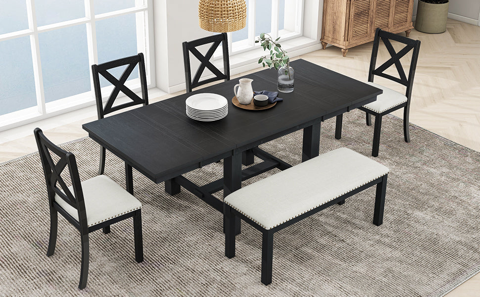 82 Inch Extendable Dining Table with 4 Chairs & Bench - Black Acacia Wood