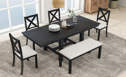 82 Inch Extendable Dining Table with 4 Chairs & Bench - Black Acacia Wood