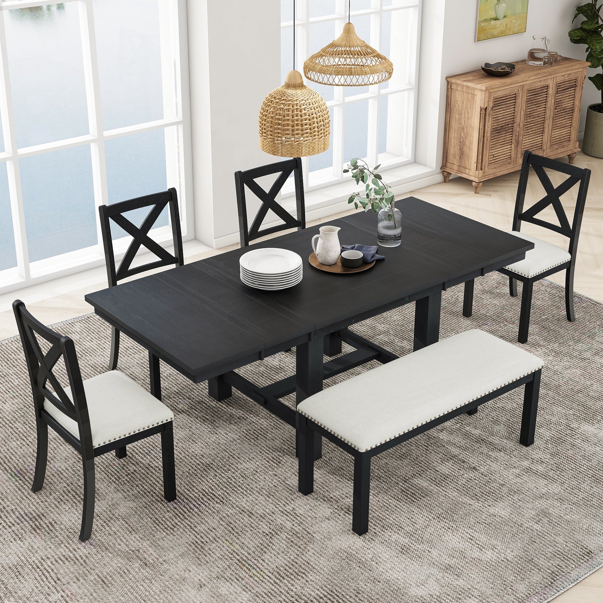 82 Inch Extendable Dining Table with 4 Chairs & Bench - Black Acacia Wood
