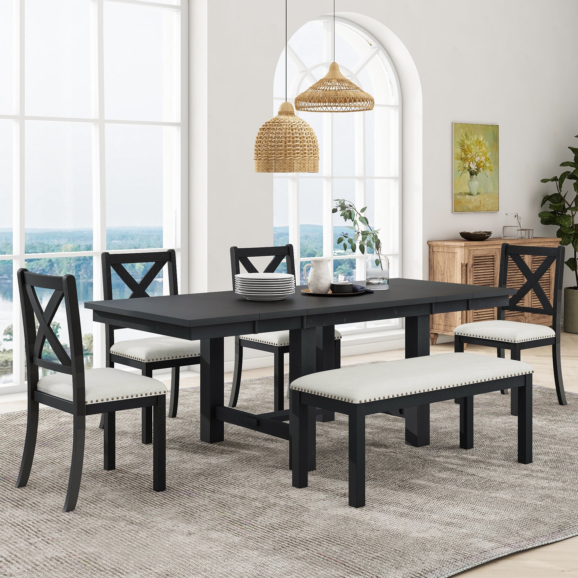 TOPMAX Farmhouse 82inch 6-Piece Extendable Dining Table with Footrest, 4 Upholstered Dining Chairs and Dining Bench, Two 11"Removable Leaf, Black+Beige Cushion (old sku: SP000023AAB)