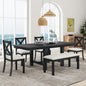 TOPMAX Farmhouse 82inch 6-Piece Extendable Dining Table with Footrest, 4 Upholstered Dining Chairs and Dining Bench, Two 11"Removable Leaf, Black+Beige Cushion (old sku: SP000023AAB)