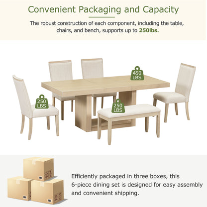 78" Extendable Rubberwood Dining Table Set with Bench & Chairs for Dining Room
