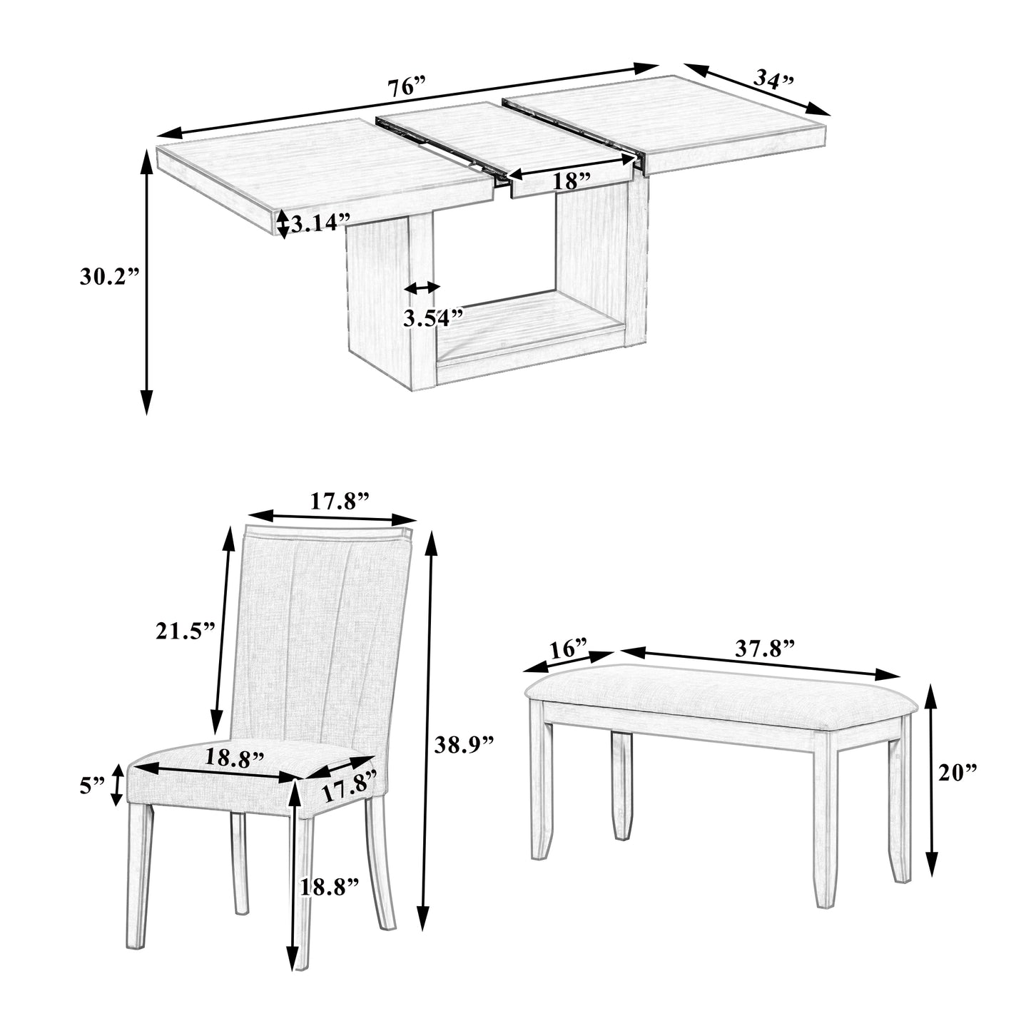 78" Extendable Rubberwood Dining Table Set with Bench & Chairs for Dining Room