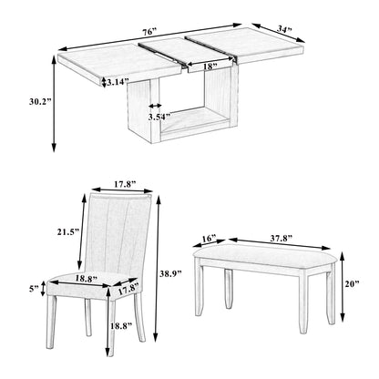 78" Extendable Rubberwood Dining Table Set with Bench & Chairs for Dining Room
