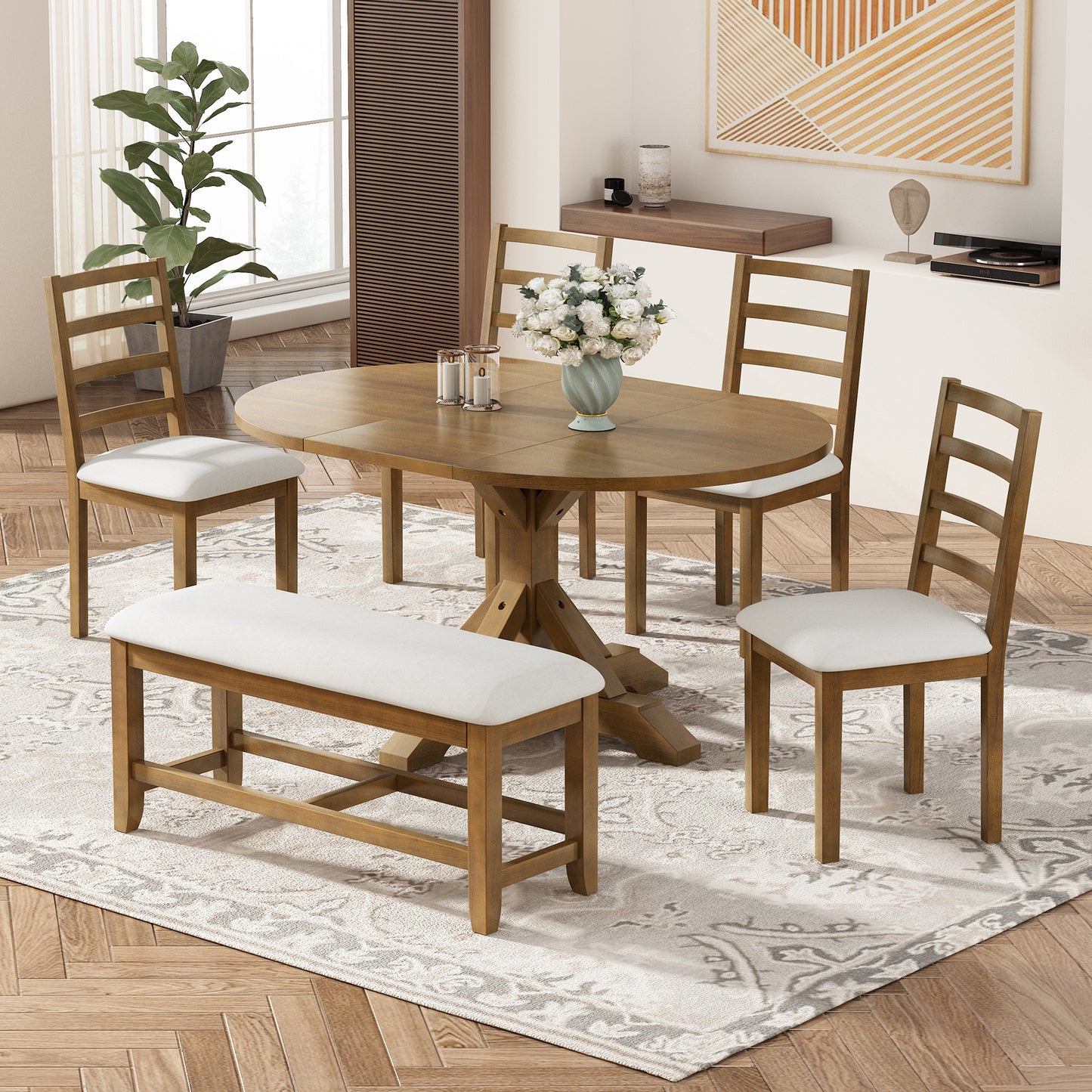 TOPMAX Farmhouse 6-Piece 60inch Extendable Pedestal Dining Table Set with 18inch Removable Leaf, 44inch Bench and 4 Ladder Back Dining Chairs, Dark Brown+Beige(OLD SKU:SP000060AAD)