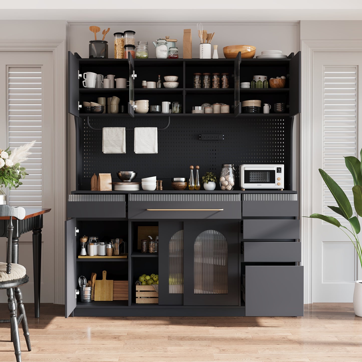 (Assembly Video;Old:SP000079) TOPMAX Freestanding 63'' W Buffet with Hutch, Large Coffee Bar Storage Cabinet with 6 Drawers, 5 Cabinets with Adjustable Shelves,Pegboard,Towel Rack, Power Outlet,Black