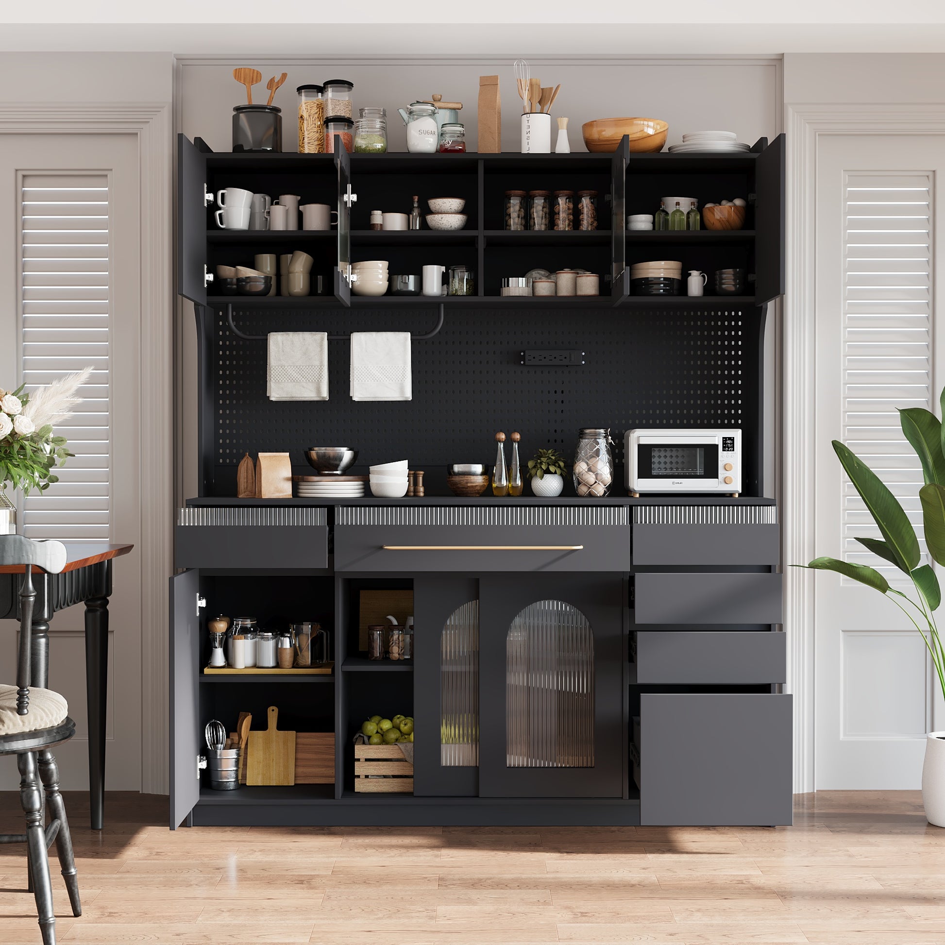 (Assembly Video;Old:SP000079) TOPMAX Freestanding 63'' W Buffet with Hutch, Large Coffee Bar Storage Cabinet with 6 Drawers, 5 Cabinets with Adjustable Shelves,Pegboard,Towel Rack, Power Outlet,Black