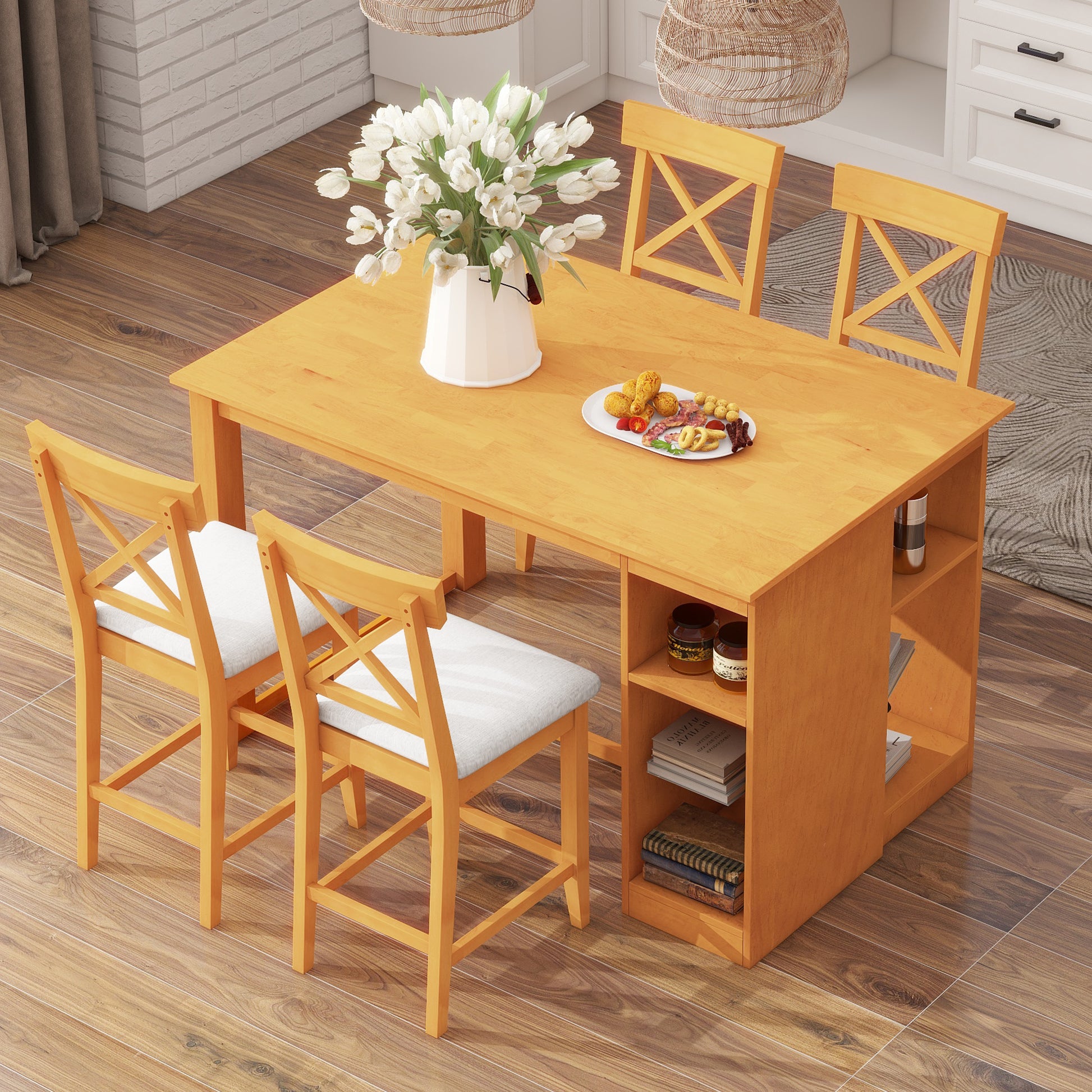 Farmhouse Counter Height Dining Set with 3-Tier Kitchen Storage Shelves