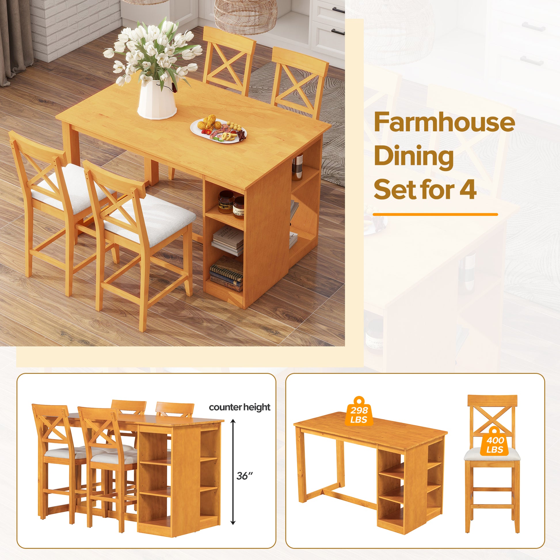 Farmhouse Counter Height Dining Set with 3-Tier Kitchen Storage Shelves
