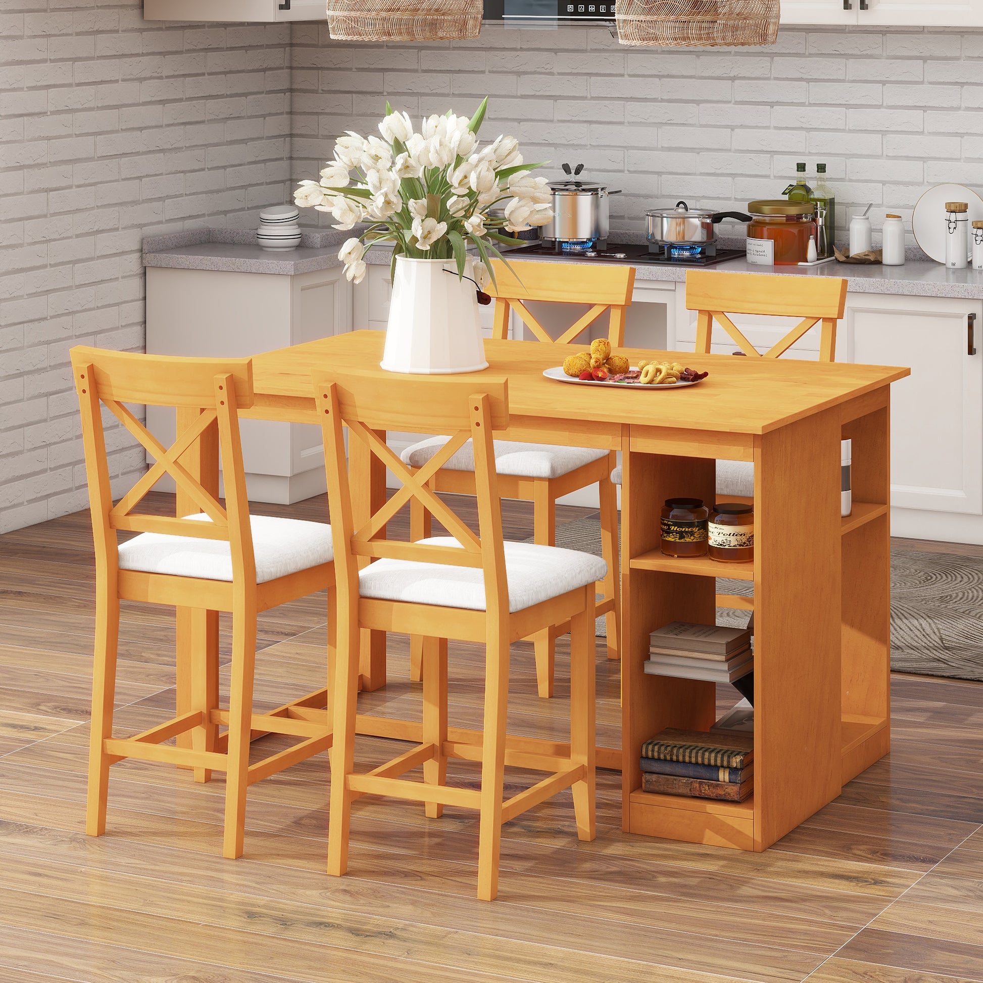 TOPMAX 60"Lx30"W Solid Wood Farmhouse Counter Height Dining Table Set with 3-Tier Storage Shelves, Upholstered Dining Chairs for 4, 5-Piece, Brown