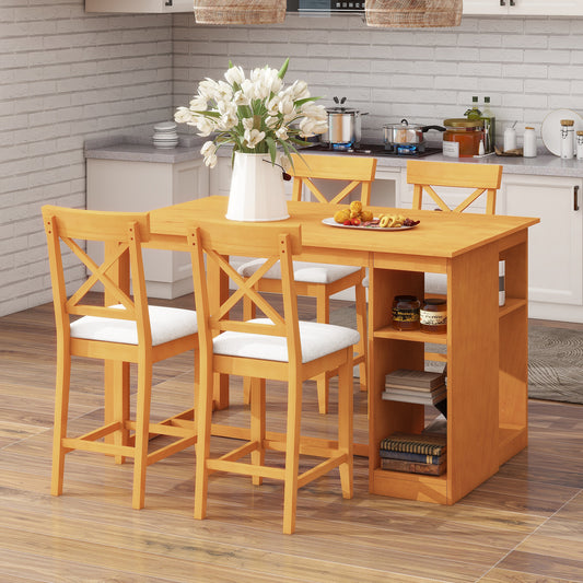 TOPMAX 60"Lx30"W Solid Wood Farmhouse Counter Height Dining Table Set with 3-Tier Storage Shelves, Upholstered Dining Chairs for 4, 5-Piece, Brown
