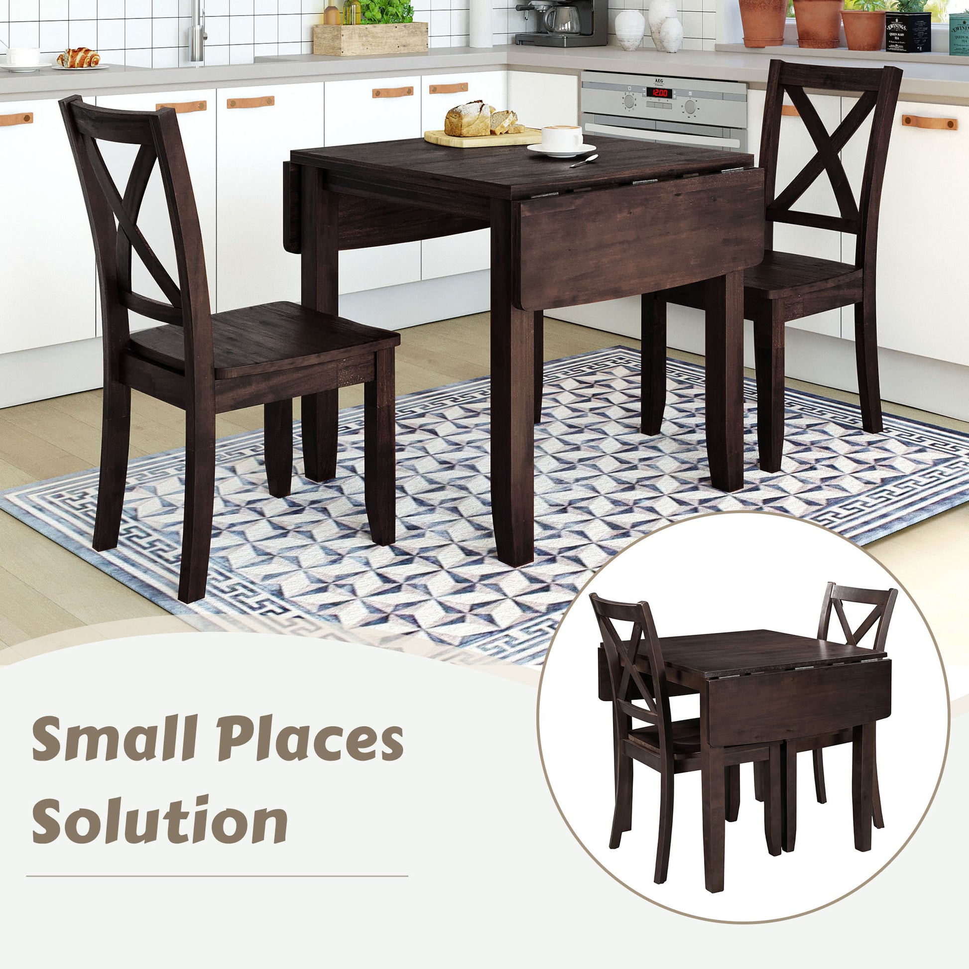 Espresso Wood Drop Leaf Dining Table Set - 3 Piece Breakfast Nook for Dining Room