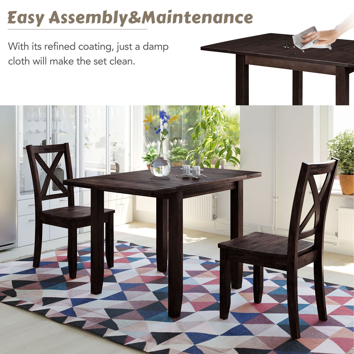 Espresso Wood Drop Leaf Dining Table Set - 3 Piece Breakfast Nook for Dining Room