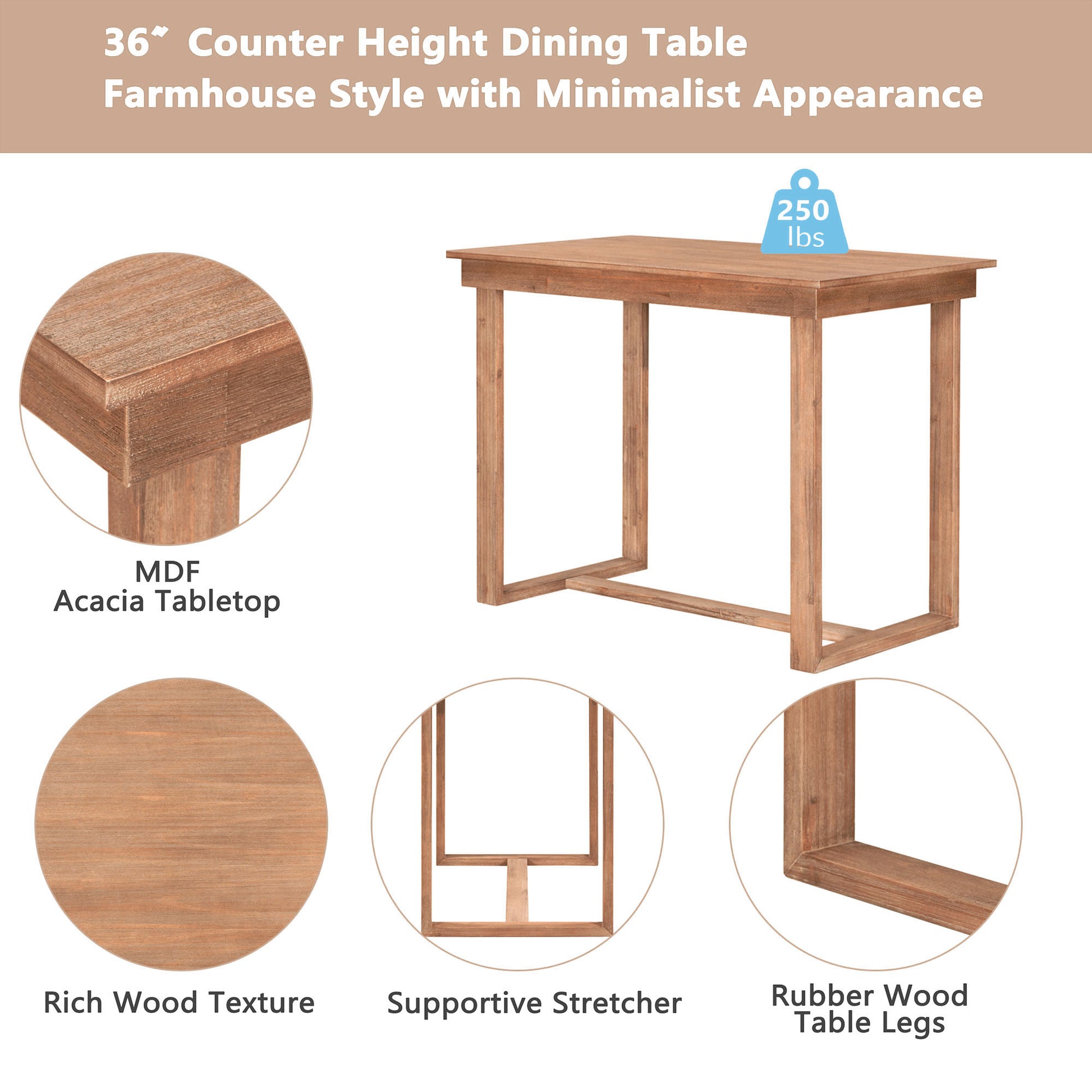 Farmhouse Counter Height Dining Table Set - 5 Piece Brown for Dining Room