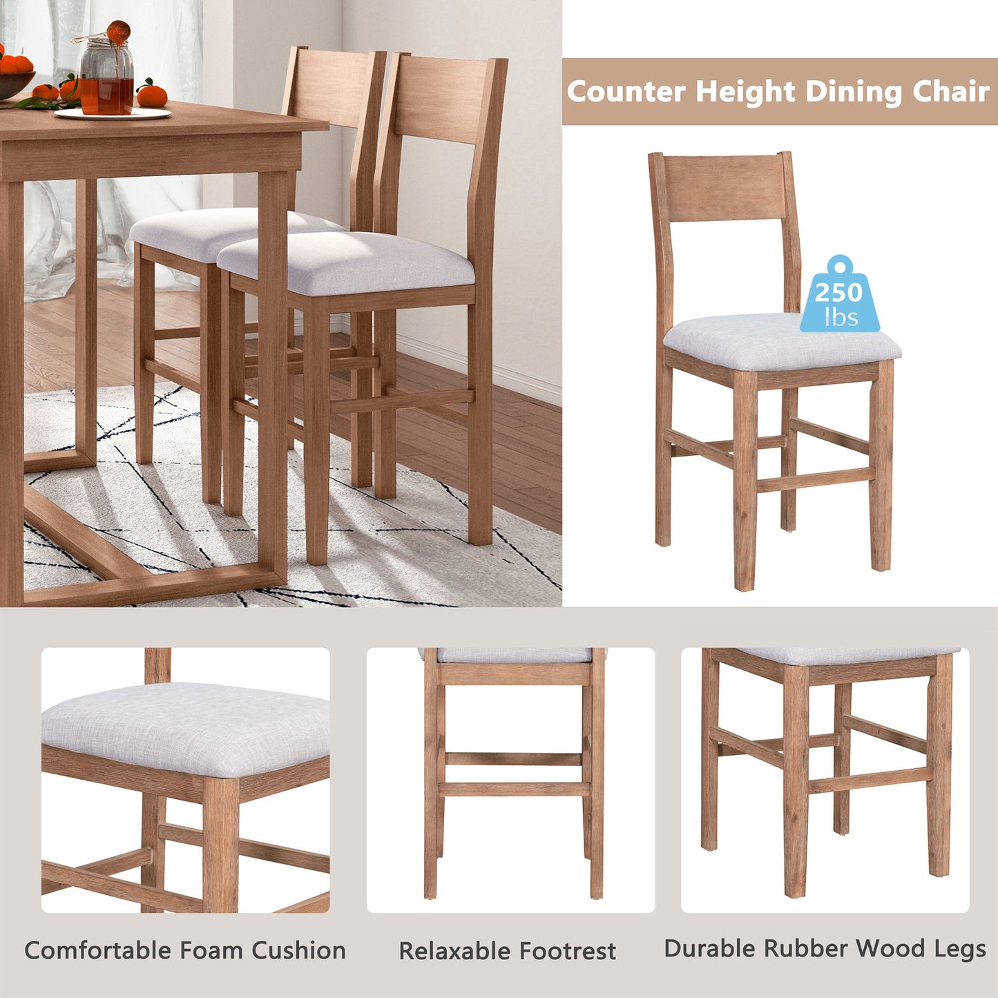 Farmhouse Counter Height Dining Table Set - 5 Piece Brown for Dining Room